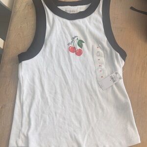 Old Navy White Tank Top with Black Trim and Cherry Design